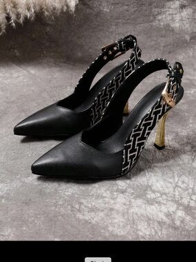 Black Pointed Slingback Heels with Gold Kitten Heel - Women's